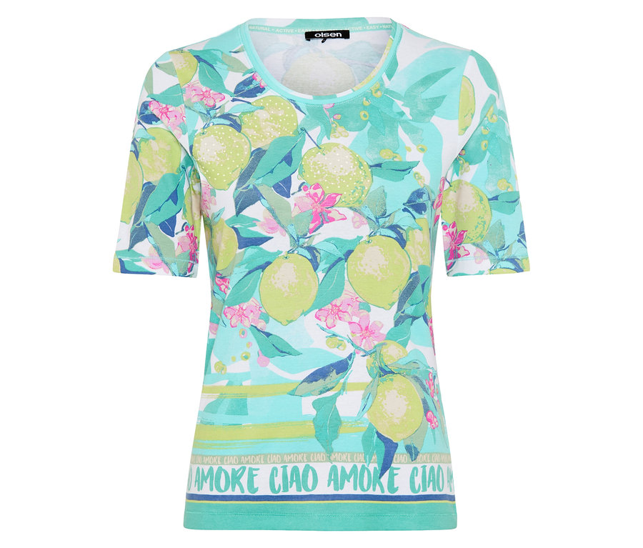 T-shirt Olsen à motif citrons et fleurs turquoise, vert et rose, avec inscription "AMORE CIAO" à l'ourlet.
