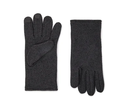 Une paire de gants tricotés gris foncé posés à plat sur un fond blanc. Le gant gauche montre le dos avec des bouts de doigts compatibles avec les écrans tactiles sur le pouce, l'index et le majeur. Le gant droit montre la paume.