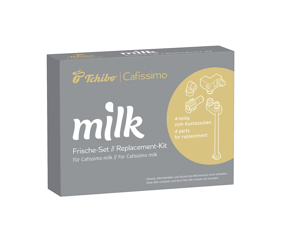 Emballage gris du set fraîcheur Cafissimo milk avec l'inscription milk et une illustration de quatre pièces.