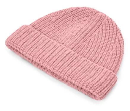 Bonnet rose en maille côtelée avec bord replié et légères paillettes.