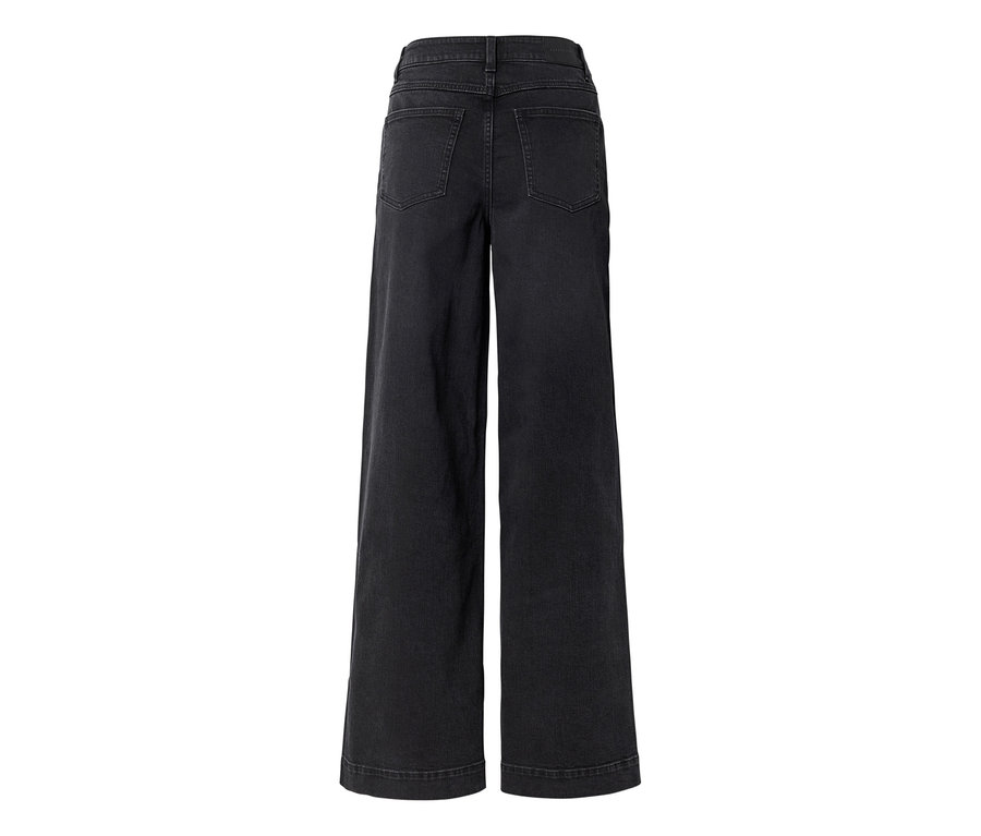 Jean gris foncé à jambes larges, vu de dos, avec deux poches arrière et une taille haute.