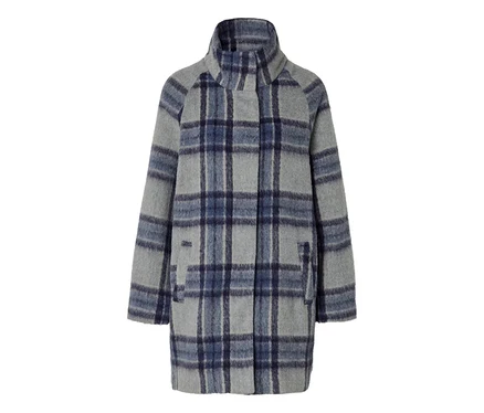 Manteau à carreaux gris et bleu avec col montant et manches longues.