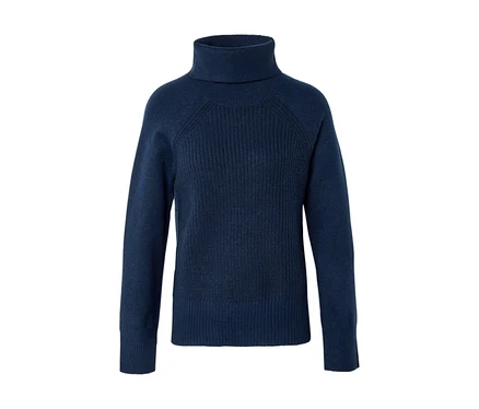 Pull col roulé bleu foncé en maille côtelée à manches longues.
