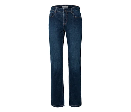 Jean bleu foncé à coupe droite, avec poches avant et fermeture boutonnée et zippée.