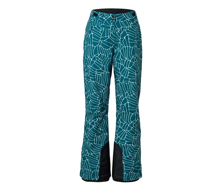 Pantalon de ski sarcelle avec un motif abstrait blanc et des empiècements noirs au bas des jambes.