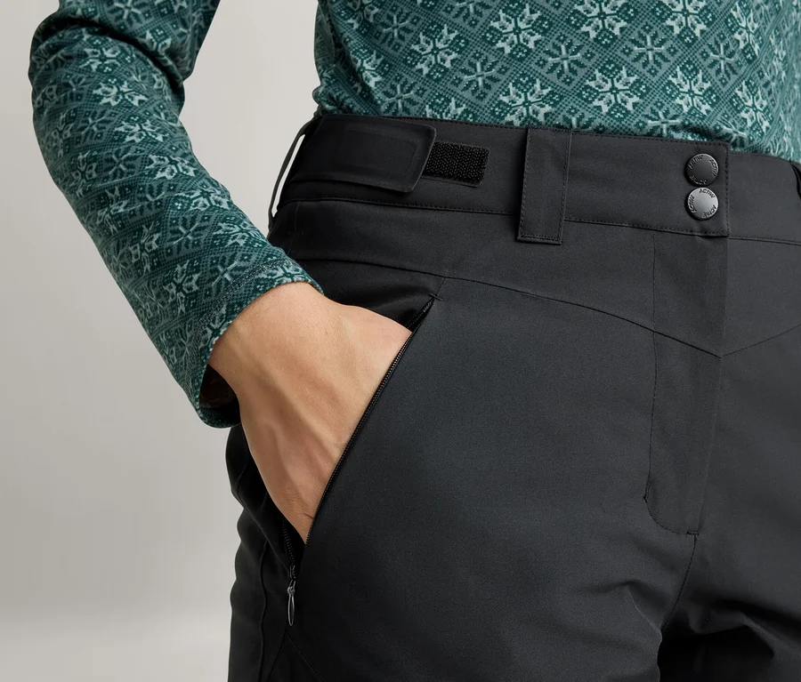 Personne portant un t-shirt vert à manches longues avec un motif géométrique et un pantalon noir, une main dans une poche zippée.
