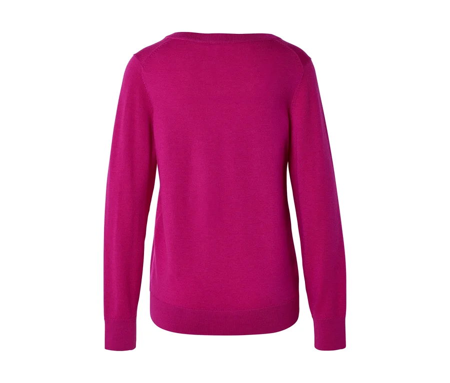 Pull fuchsia à manches longues, poignets et ourlet côtelés, vue de dos.