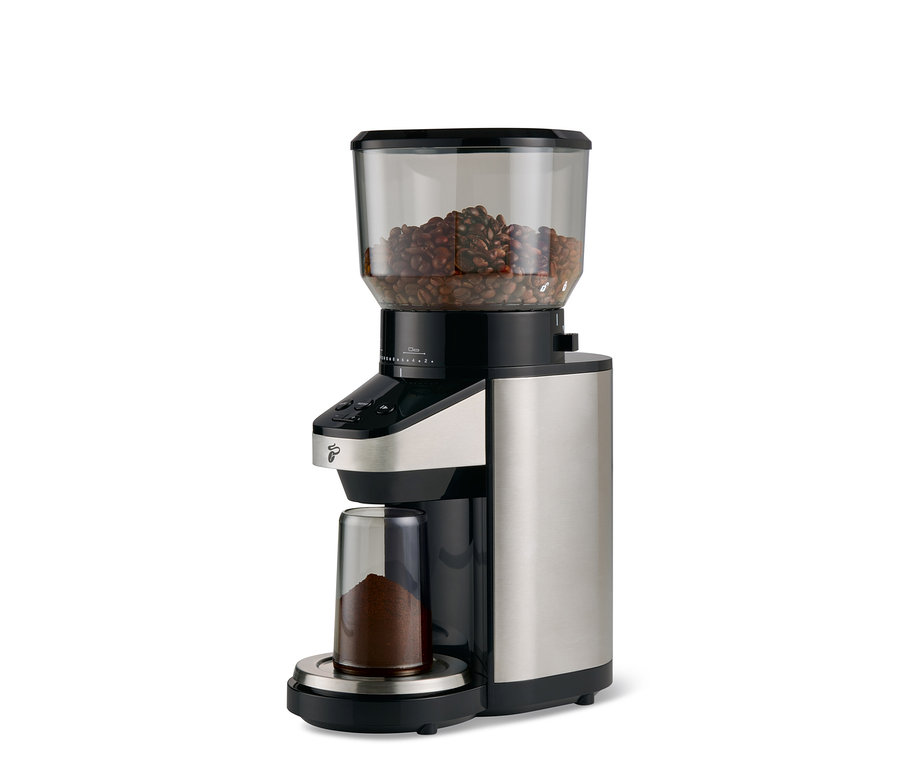 Un moulin à café électrique avec balance. Un récipient avec des grains de café est visible en haut, un récipient avec du café moulu est visible en bas.