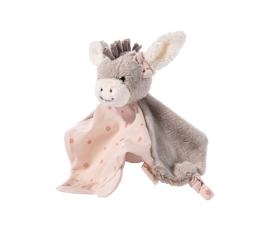 Doudou âne en peluche gris et blanc avec un tissu rose à motif floral, un nœud rose sur l'oreille et une queue nouée.