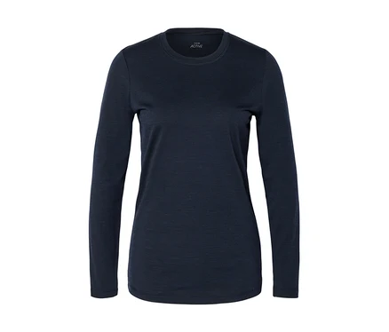 T-shirt à manches longues bleu marine avec un col rond et une petite étiquette blanche "ACTIVE" près du col.