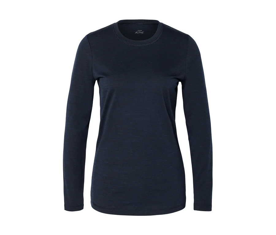 T-shirt à manches longues bleu marine avec un col rond et une petite étiquette blanche "ACTIVE" près du col.