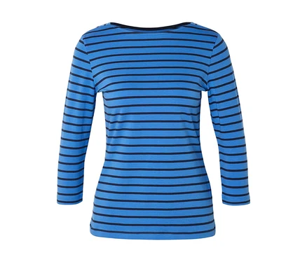 T-shirt bleu cintré à manches longues avec rayures horizontales noires sur fond blanc.
