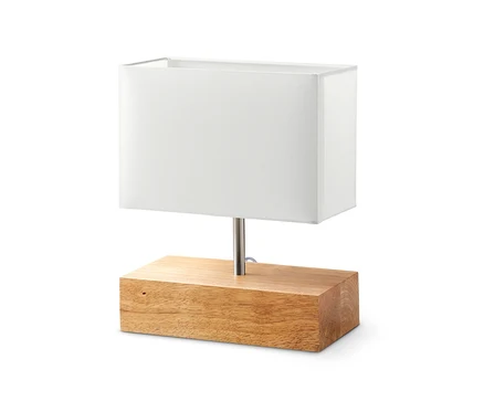 Lampe de table avec pied en bois et abat-jour rectangulaire blanc.