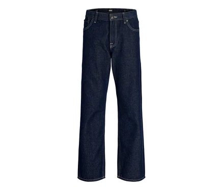 Jean Jack&Jones JJOriginal Chris bleu foncé avec surpiqûres claires, poches avant et arrière et fermeture boutonnée, présenté à plat.