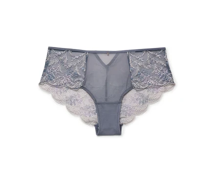 Culotte grise en dentelle à motifs floraux avec résille transparente sur fond blanc.