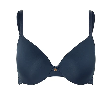 Soutien-gorge bleu marine avec de fines bretelles et un petit détail décoratif au centre.