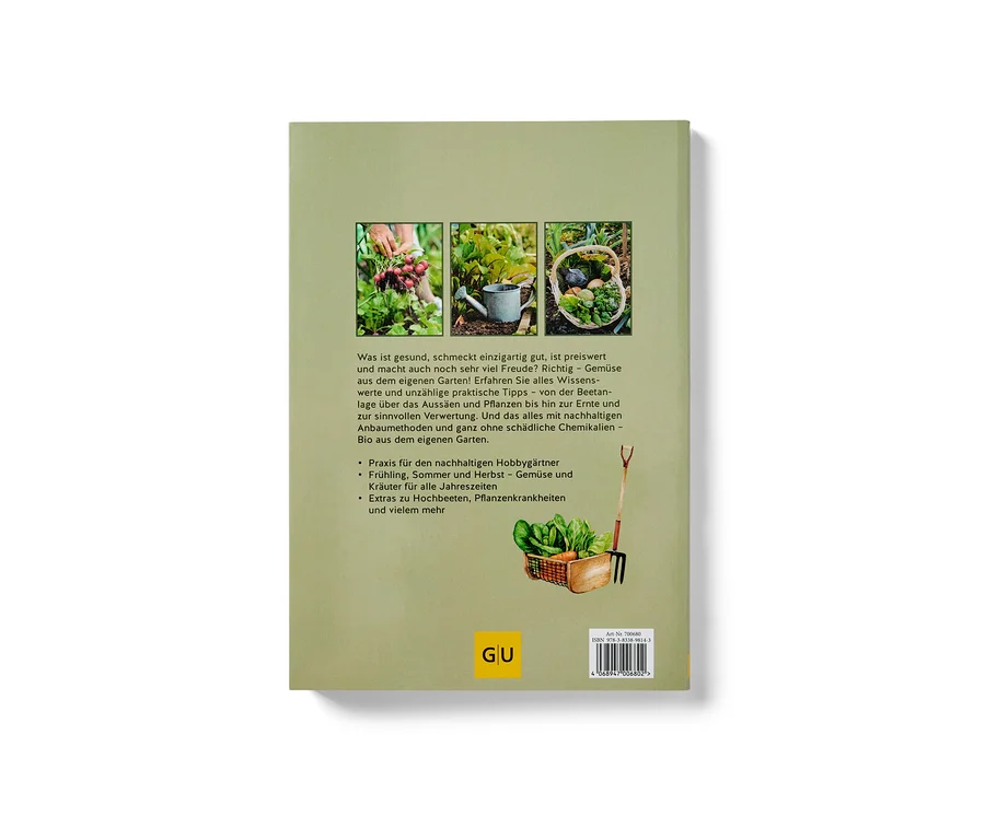 Quatrième de couverture du livre « Dein eigenes Gemüse » (tes propres légumes, en allemand) avec des photos de culture de légumes.