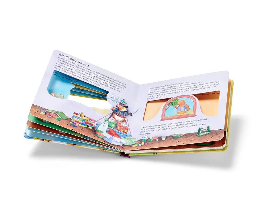 Livre ouvert avec des illustrations. Livre « Leo Lausemaus – meine Freundschaftsgeschichten ».