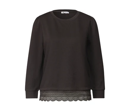 T-shirt en jersey 3/4 Street One marron avec col rond, épaules légèrement bouffantes et bordure en dentelle décorative à l'ourlet.