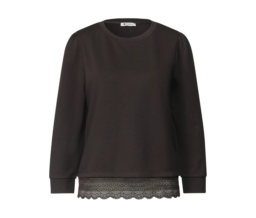 T-shirt en jersey 3/4 Street One marron avec col rond, épaules légèrement bouffantes et bordure en dentelle décorative à l'ourlet.