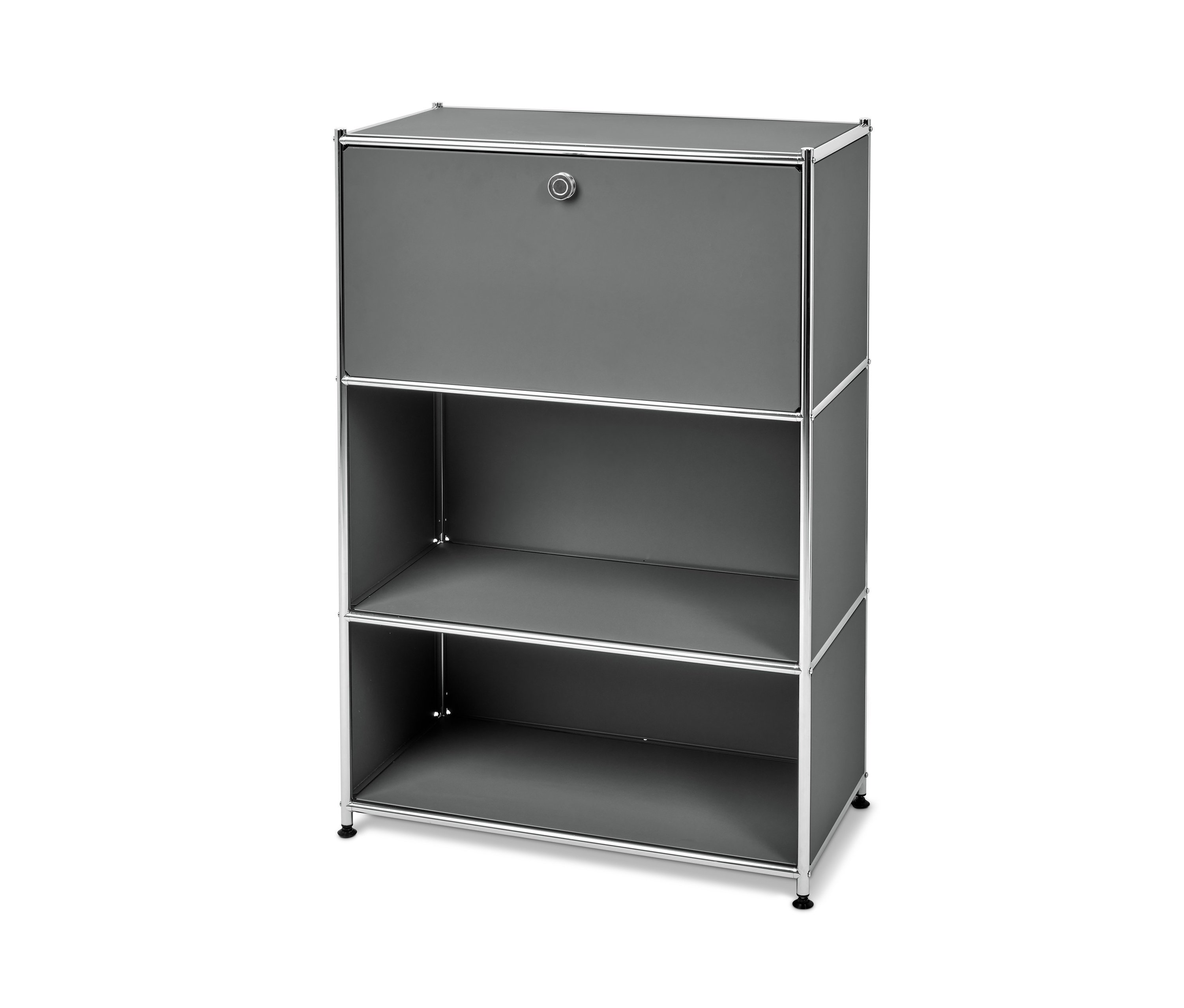 Un secrétaire en métal gris « CN3 » avec une table rabattable et deux étagères ouvertes.