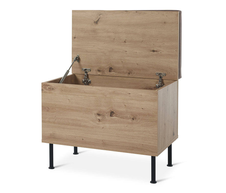 Un banc ouvert avec compartiment de rangement sur des pieds noirs.