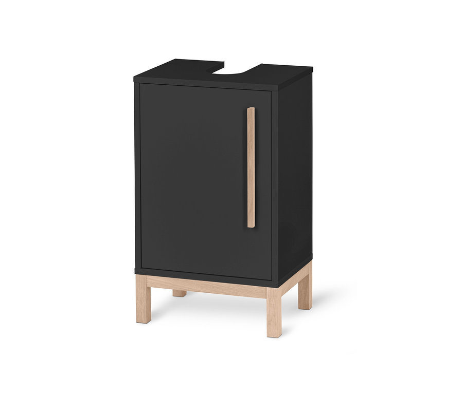 Petit meuble sous vasque « Eklund » anthracite avec une porte et une poignée en bois.
