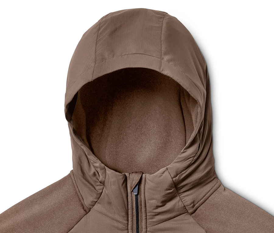 Veste thermique à capuche marron avec fermeture éclair.