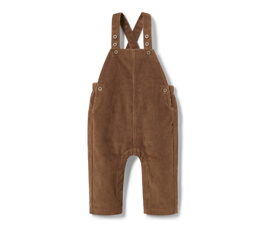 Salopette marron en velours côtelé sur fond blanc.