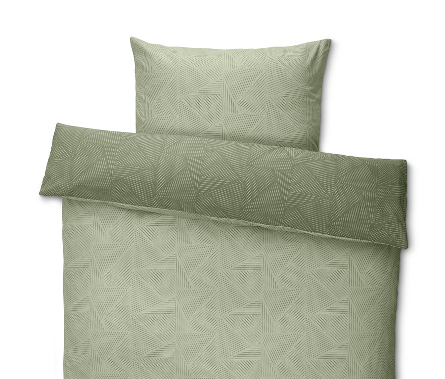 Parure de lit renforcé verte avec motif géométrique.