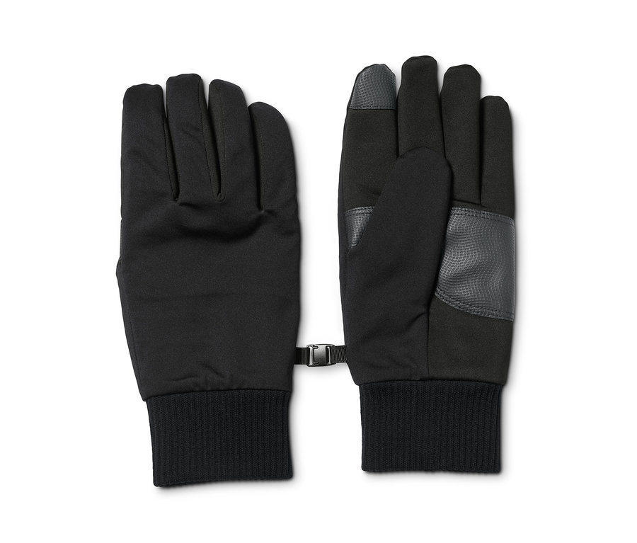 Deux gants noirs en softshell côte à côte.