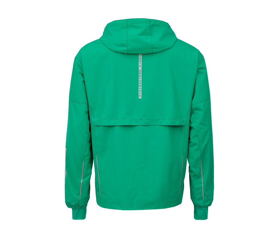 Vue arrière d'une veste fonctionnelle coupe-vent verte.