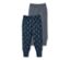 Deux pantalons de survêtement pour bébé, un bleu foncé à motifs et un bleu marine.