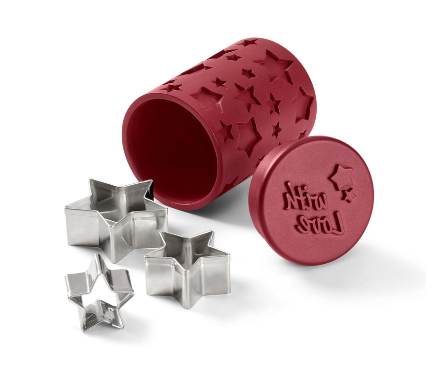 Outil à biscuits 3-en-1 avec emporte-pièces étoiles et rouleau à pâtisserie.