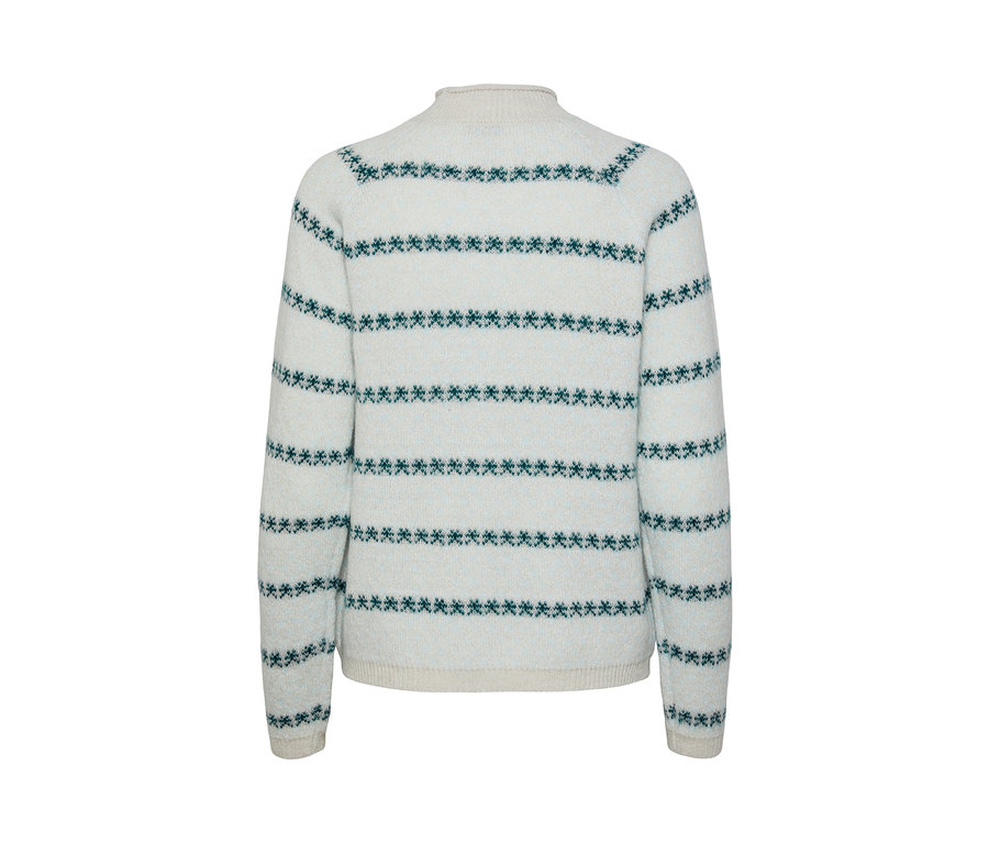 Un pull en maille à rayures horizontales avec un motif de flocons de neige.