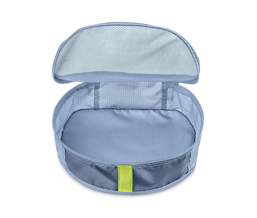Organisateur de sac à dos bleu ouvert, 2 pièces, avec partie supérieure en filet.