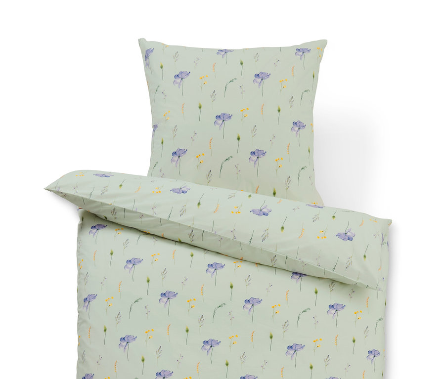 Parure de lit en coton premium vert clair avec des fleurs violettes et jaunes.