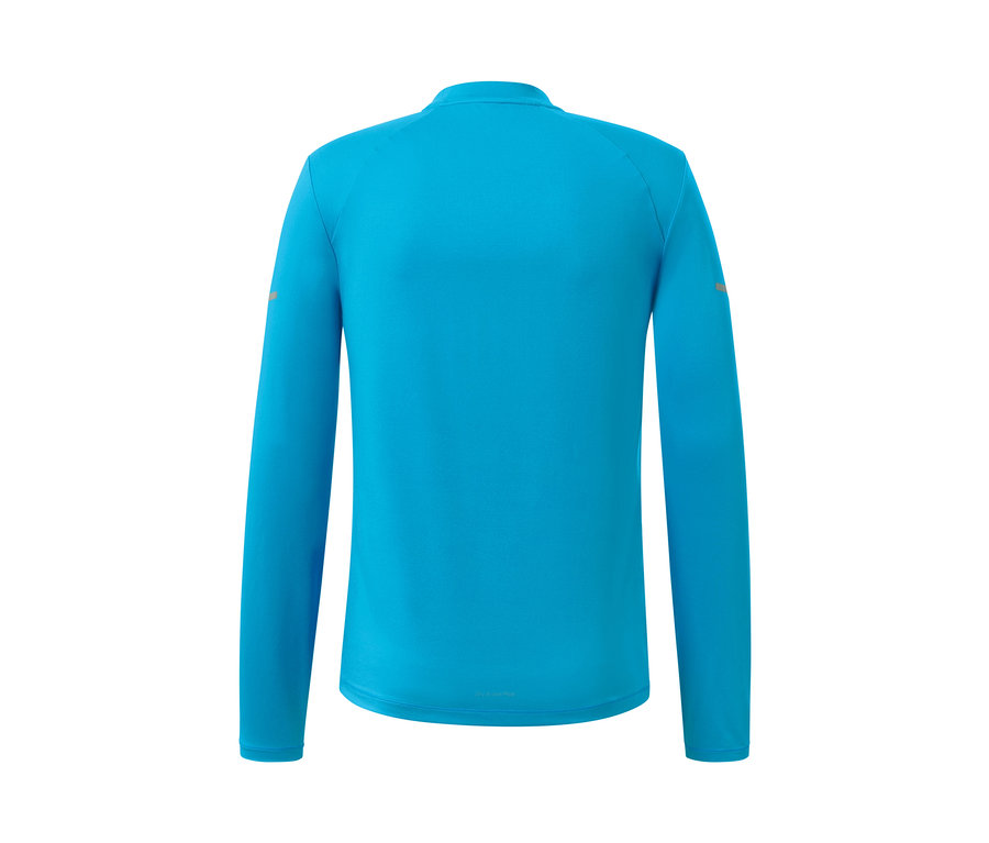 Vue détaillée d'un t-shirt fonctionnel à manches longues bleu fluo.