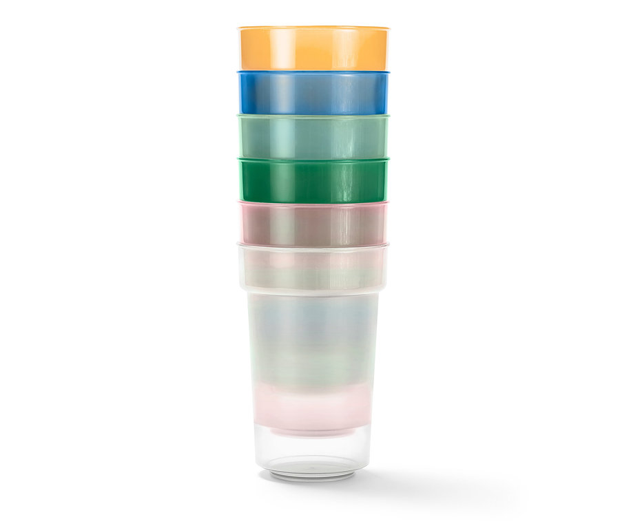 Ensemble de gobelets pour enfant empilés orange, bleu, bleu pétrole, vert et rose.