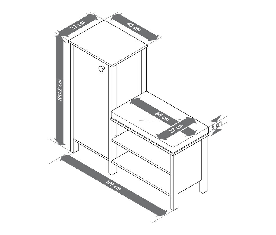 Dimensions de la banquette avec armoire à chaussures : 107 cm de longueur, 100,2 cm de hauteur pour l'armoire, 65 cm de longueur pour l'assise.