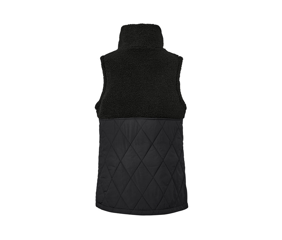 Un gilet matelassé sans manches en peluche teddy noir avec un col et une partie inférieure matelassée.