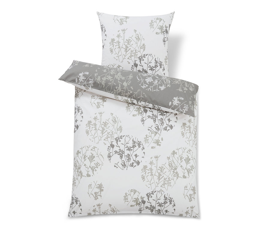 Parure de lit en renforcé blanche avec motif de feuilles gris.