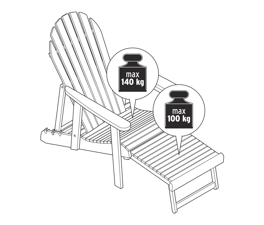 Illustration d'un fauteuil de relaxation Adirondack simple avec repose-pieds extensible et limites de poids.