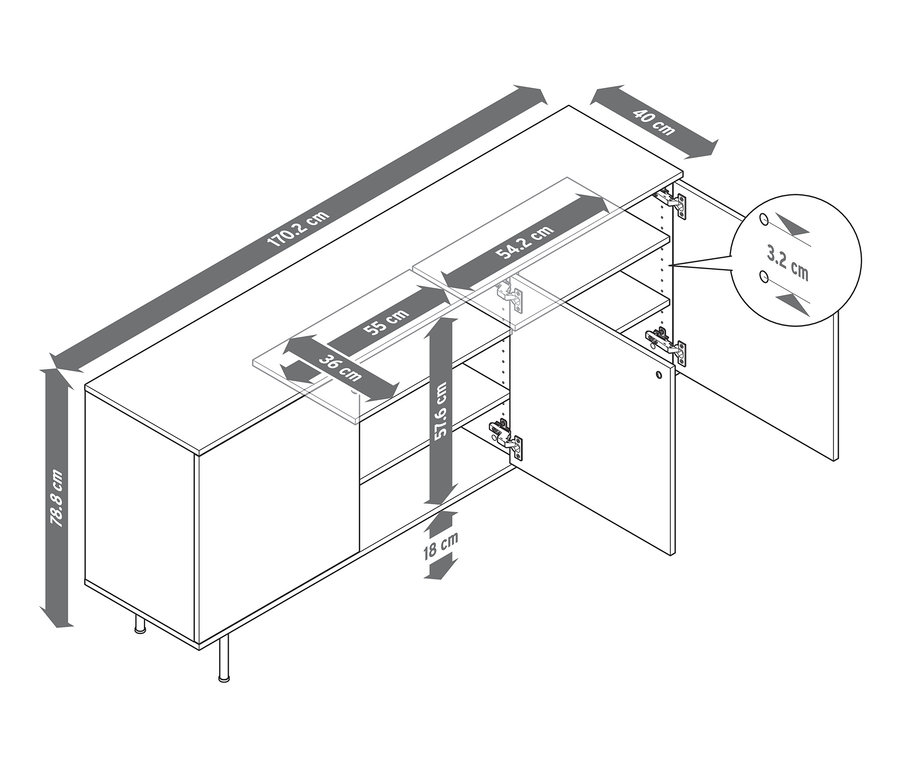 Dimensions du buffet «Finnsbo» : 78,8 cm de hauteur, 170,2 cm de largeur, 40 cm de profondeur. Une porte est ouverte, l'intérieur est visible.