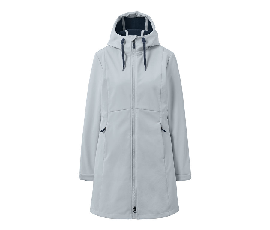 Manteau softshell gris glace zippé avec capuche.