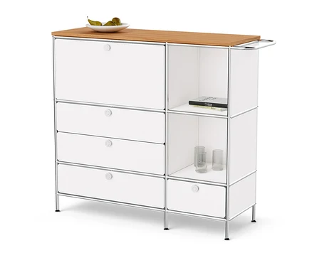 Meuble en métal « CN3 » blanc avec plateau en bois, un abattant et quatre tiroirs.