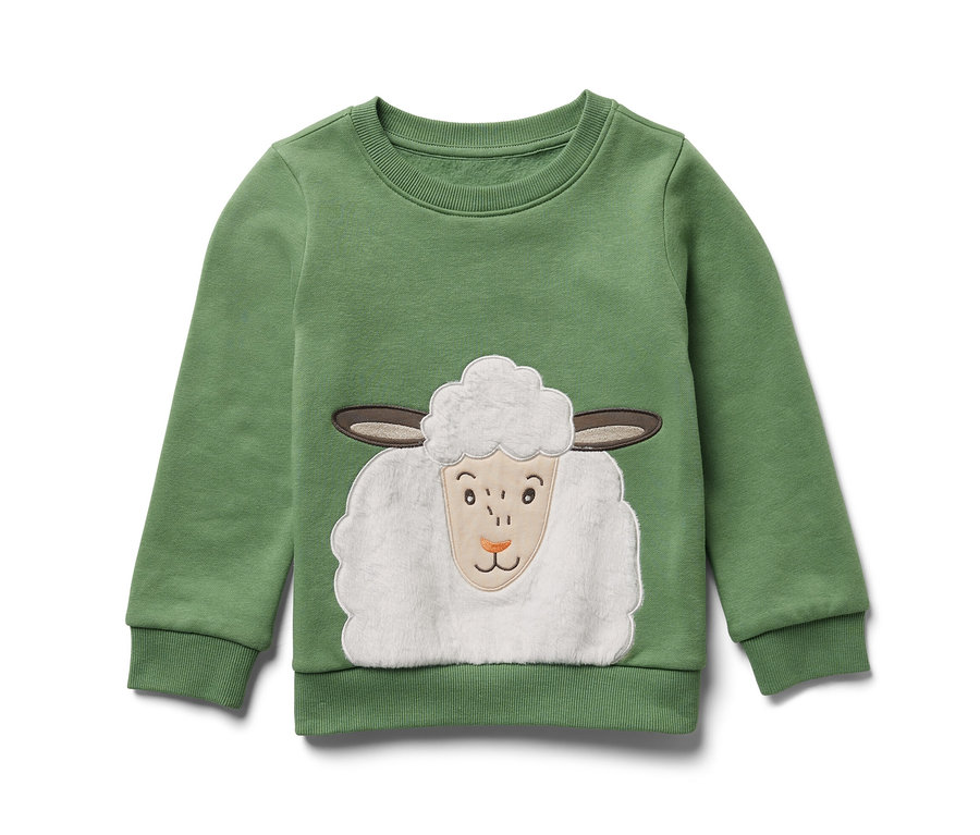 Un sweat-shirt vert pour enfant avec un motif de mouton.