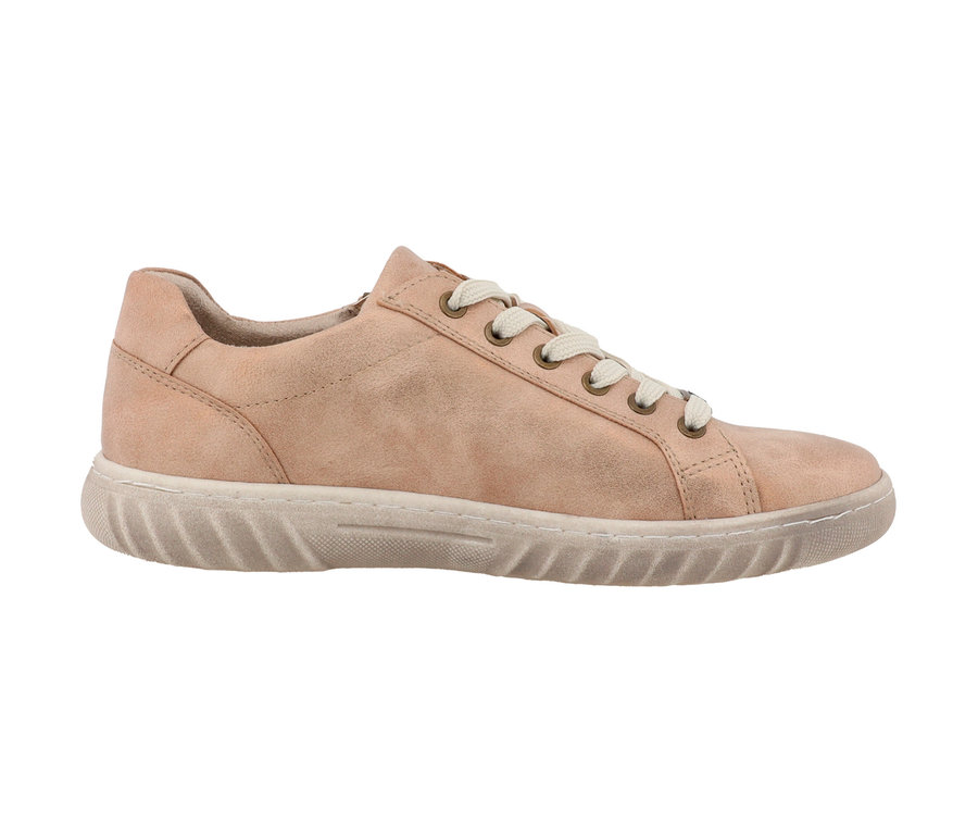 Gros plan d'une basket Romika, PU bronze, avec des lacets blancs.