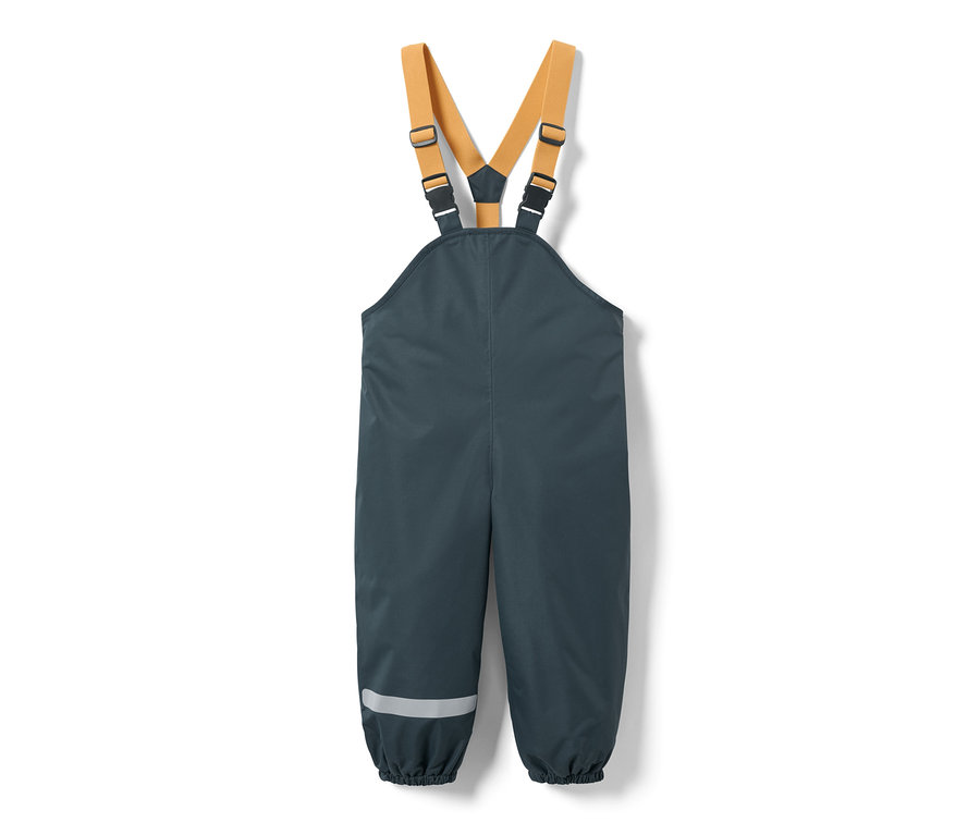 Pantalon de pluie thermique pour enfant, bleu ardoise, avec des bretelles jaunes.