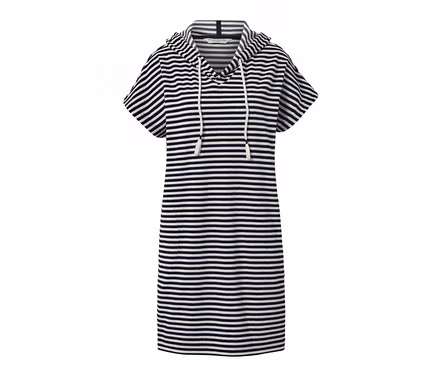 Robe de plage rayée bleu et blanc en tissu éponge avec capuche et manches courtes.